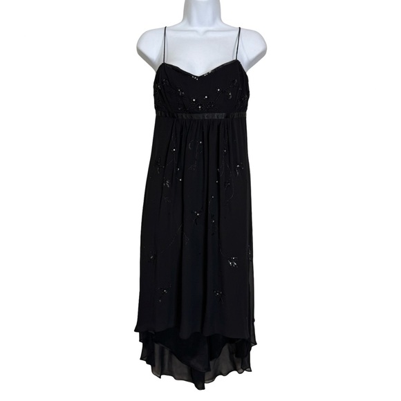 Vintage Black Beaded Embroidered High Low Midi Dress Witchy Romantic Goth Hoco - Picture 2 of 15